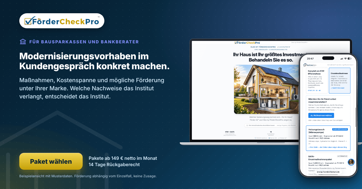 Banner für Bausparkassen und Bankberater: Modernisierungsvorhaben im Kundengespräch konkret machen.