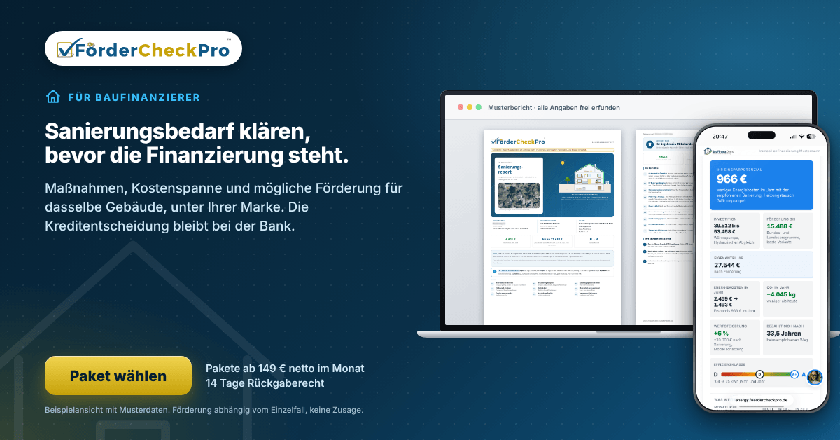 Banner für Baufinanzierer: Sanierungsbedarf klären, bevor die Finanzierung steht.