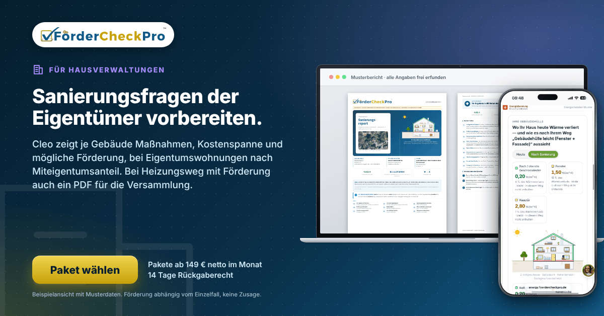 Banner für Hausverwaltungen und WEG-Verwalter: Sanierungsfragen der Eigentümer vorbereiten.
