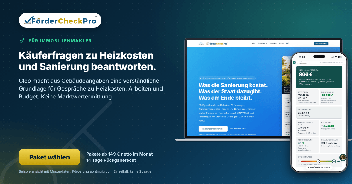 Banner für Immobilienmakler: Käuferfragen zu Heizkosten und Sanierung beantworten.