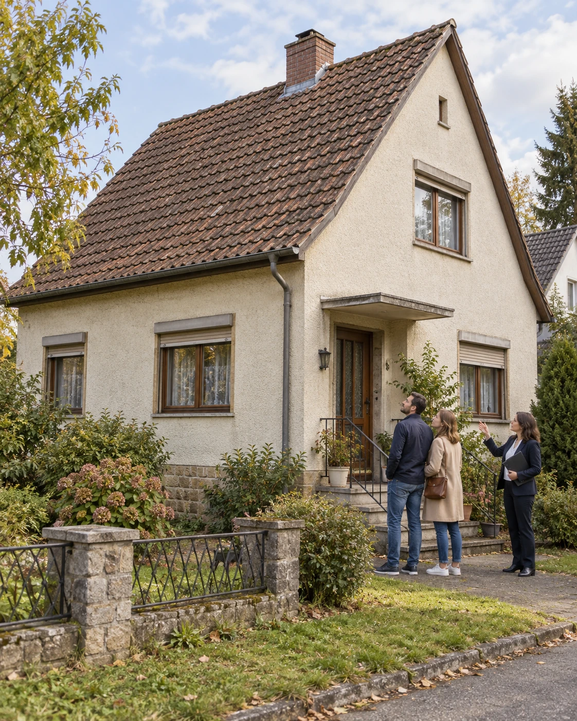KI-Symbolbild: Kaufinteressenten und Maklerin vor einem älteren Einfamilienhaus mit gealtertem Dach, Putzfassade und Holzfenstern