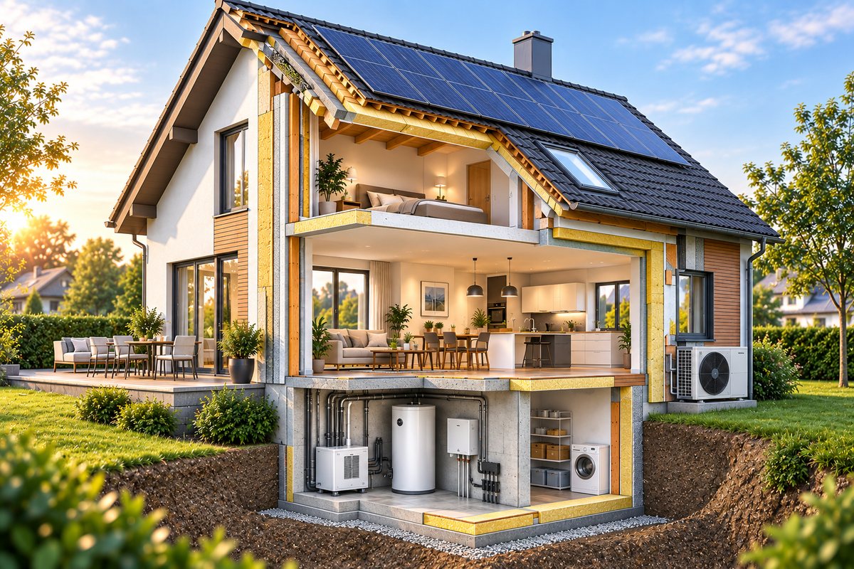 Schnitt durch ein modernisiertes Einfamilienhaus: Photovoltaik auf dem Dach, gedämmte Wände, Wärmepumpe am Haus, Speicher und Haustechnik im Keller