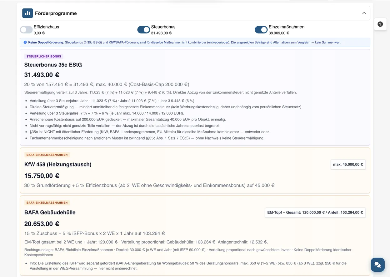 FörderCheckPro Förderprogramm-Vergleich: Steuerbonus §35c EStG neben KfW 458 Heizungstausch und BAFA-Einzelmaßnahmen, mit Hinweis zur Doppelförderung