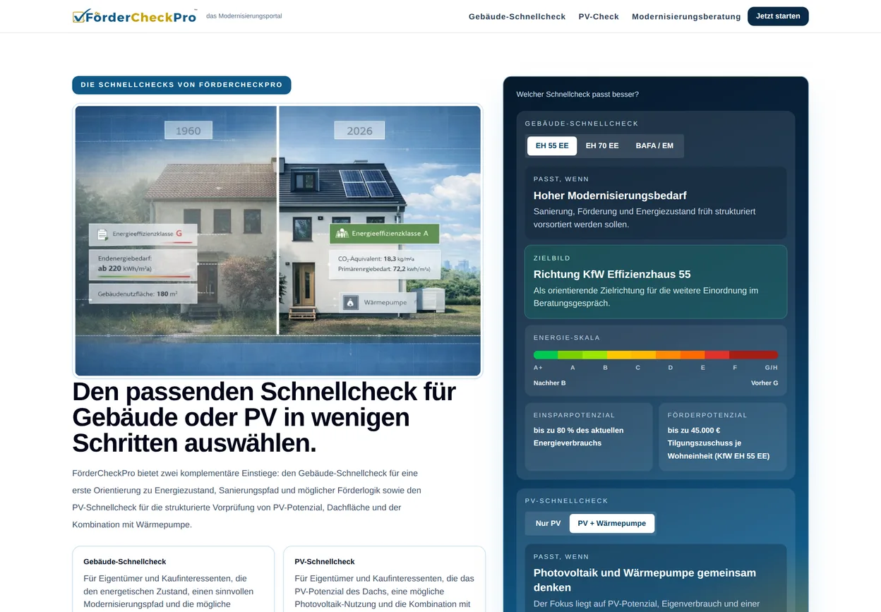 FörderCheckPro Kundenportal: Gebäude-Schnellcheck und PV-Check als öffentlicher Einstieg – die Anfragen landen im Lead-Portal des Beraters