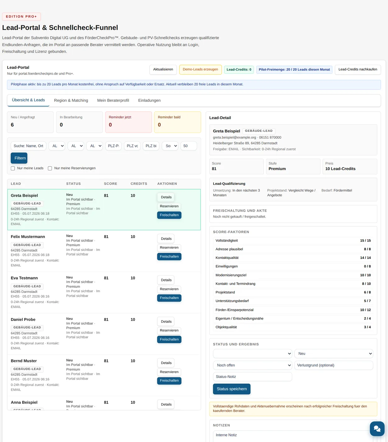 FörderCheckPro Lead-Portal: Posteingang mit qualifizierten Anfragen, Lead-Score, Score-Faktoren und Freischaltung