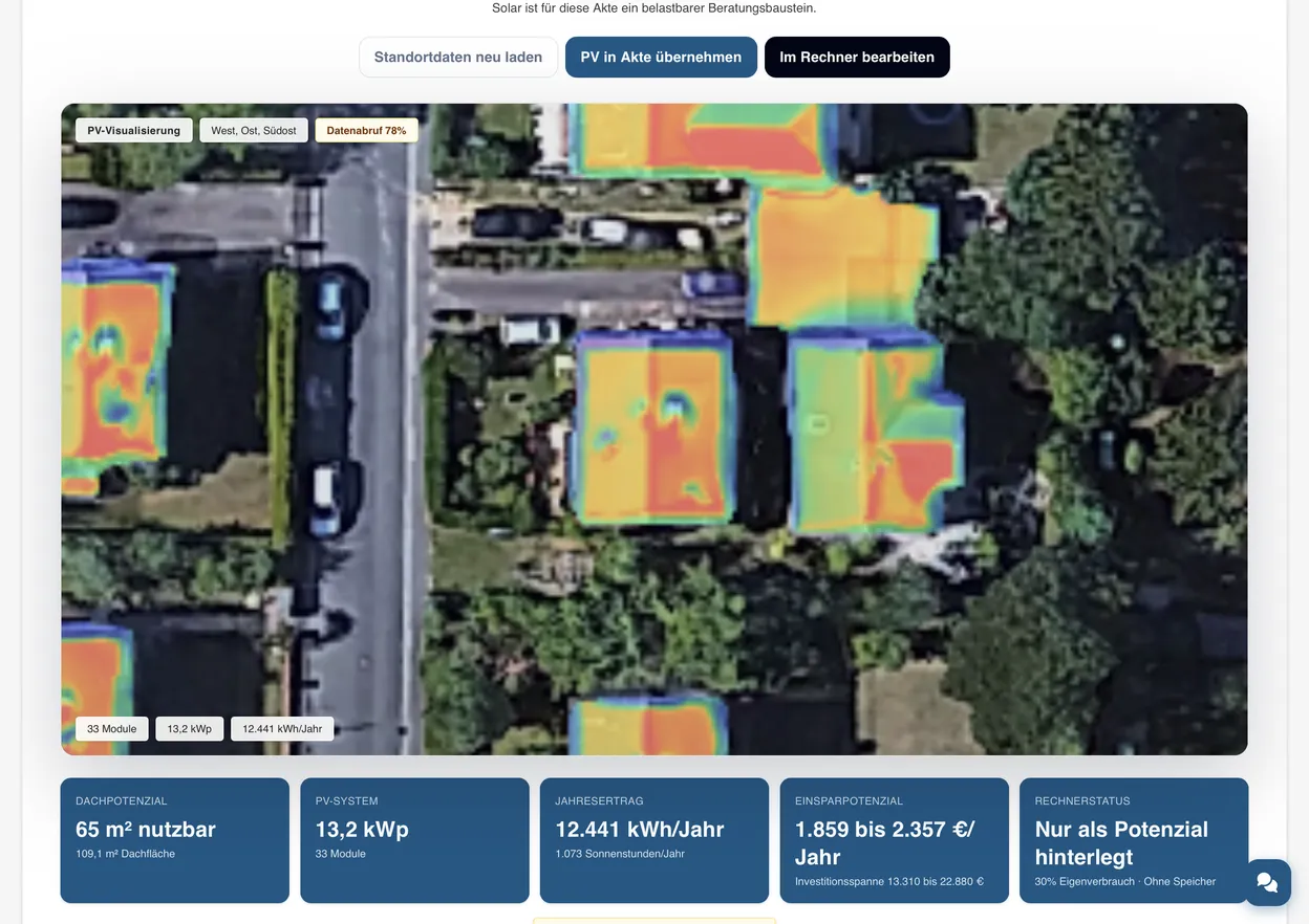 FörderCheckPro PV-Visualisierung: Solar-Heatmap der Dachflächen mit Dachpotenzial, PV-System-Auslegung, Jahresertrag und Einsparpotenzial