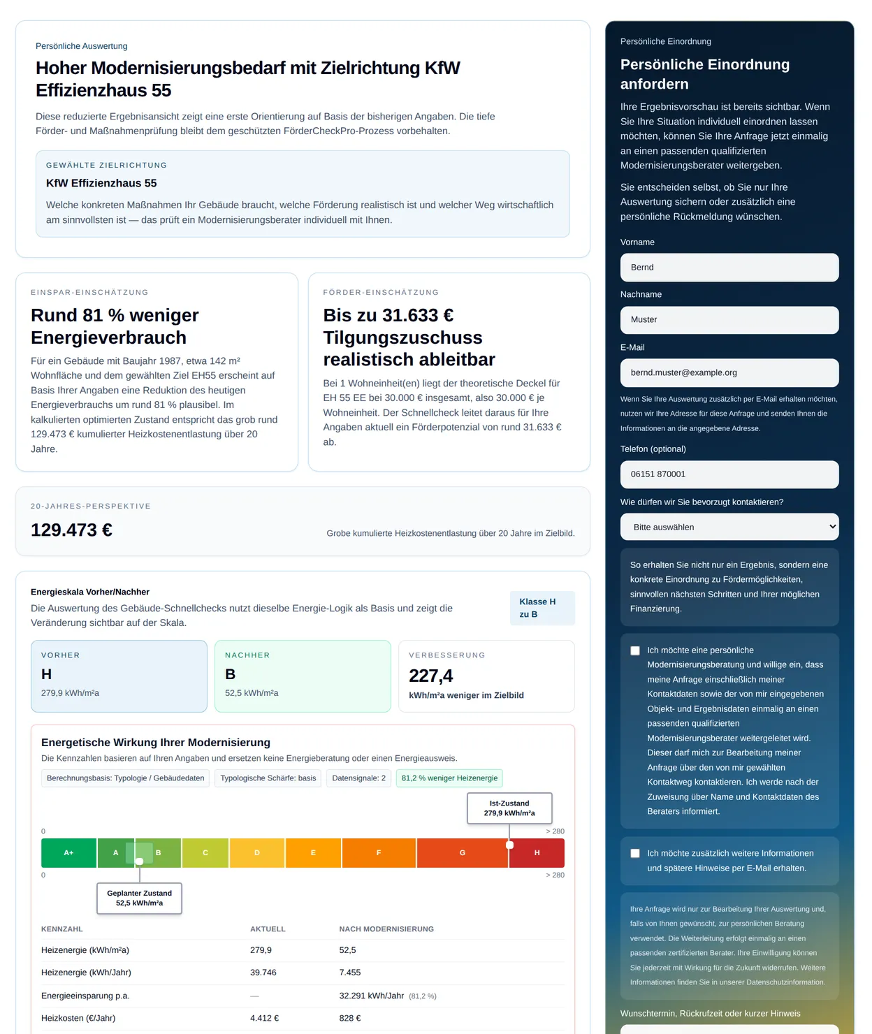 FörderCheckPro Schnellcheck-Auswertung: Einspar-Einschätzung, ableitbarer Tilgungszuschuss, 20-Jahres-Perspektive und Energieskala Vorher/Nachher
