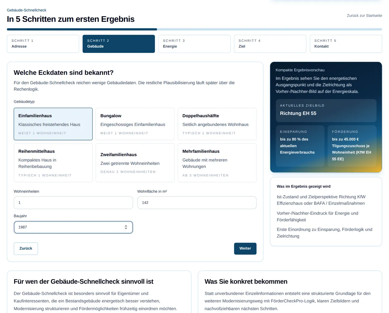 FörderCheckPro Gebäude-Schnellcheck: 5-Schritte-Wizard mit Gebäudetyp-Auswahl und kompakter Ergebnisvorschau