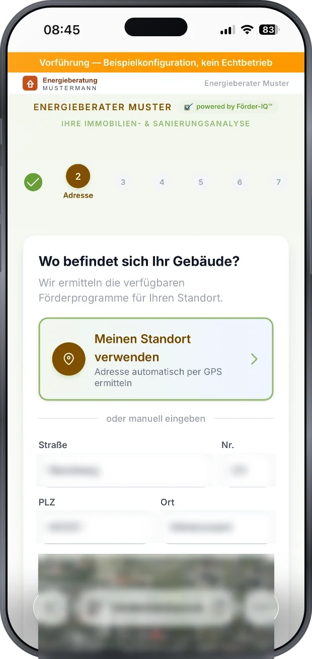 Adresseingabe im Sanierungscheck: Standort per GPS uebernehmen oder Strasse, Hausnummer, Postleitzahl und Ort von Hand eintragen