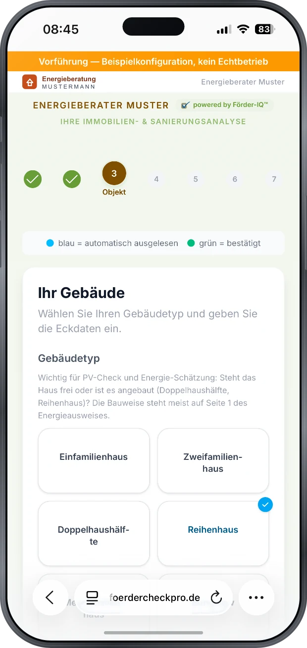 Auswahl des Gebaeudetyps: Einfamilienhaus, Zweifamilienhaus, Doppelhaushaelfte, Reihenhaus, Mehrfamilienhaus oder Bungalow