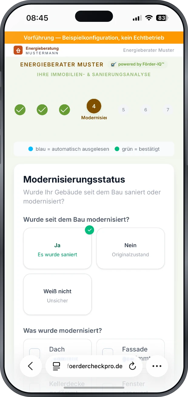 Abfrage des Modernisierungsstatus: Wurde seit dem Bau saniert, und wenn ja, was — Dach gedaemmt, Fassade gedaemmt, Kellerdecke, Fenster