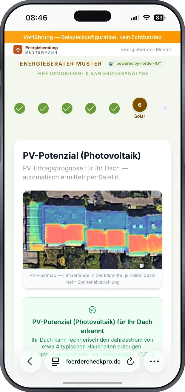 Photovoltaik-Potenzial per Satellit mit Heatmap der Dachflaechen und dem Hinweis, dass bis 13,2 kWp moeglich sind