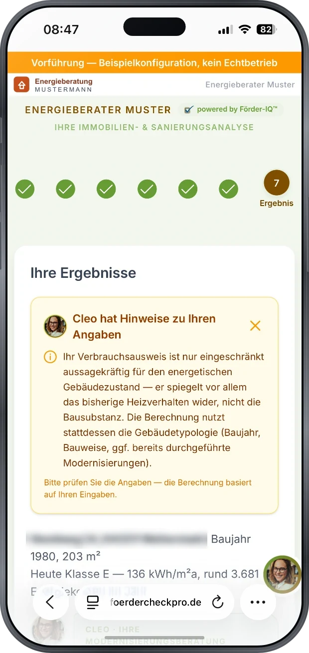 Sanierungsreport mit dem Hinweis, dass die BEG-Foerderung seit dem 21.07.2026 geaendert ist und das Ergebnis das bereits beruecksichtigt, darunter das Gebaeude aktuell mit Klasse H, 434 kWh je Quadratmeter und Jahr und 8.290 Euro Kosten im Jahr