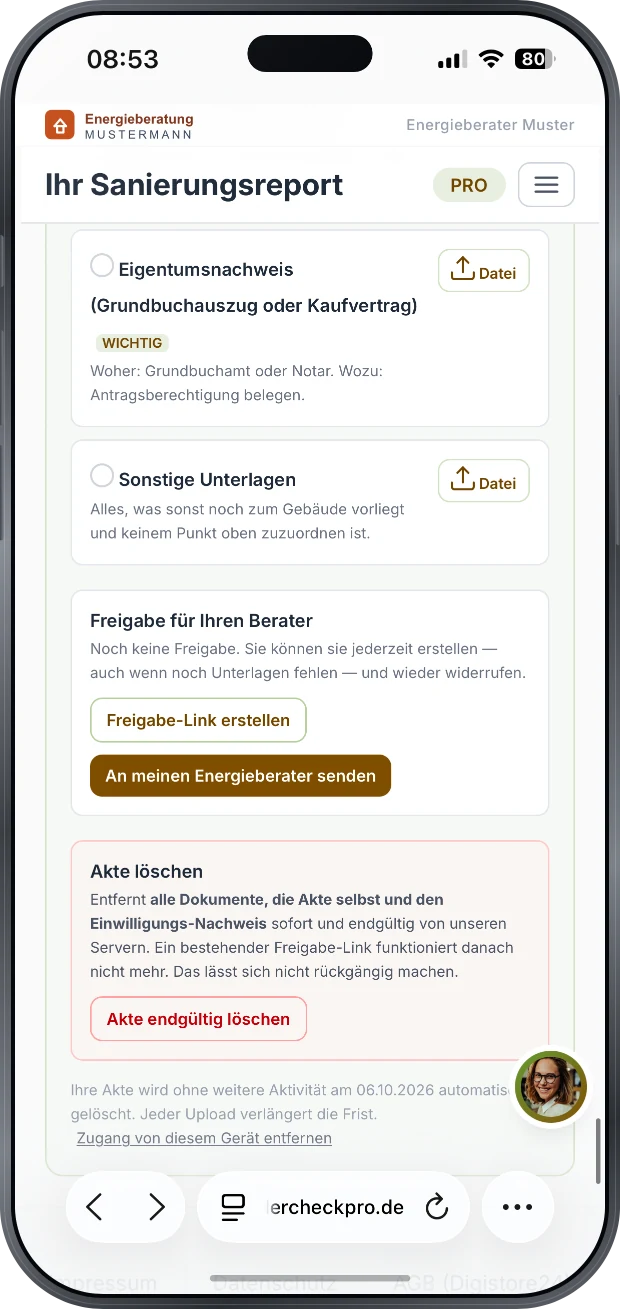 Hinweis auf Energieeffizienz-Experten in der Naehe: fuer den fuenfprozentigen iSFP-Bonus der BAFA ist ein gelisteter Experte noetig, mit Verweis auf die dena-Expertenliste fuer Postleitzahl 65207 im Umkreis von 40 Kilometern