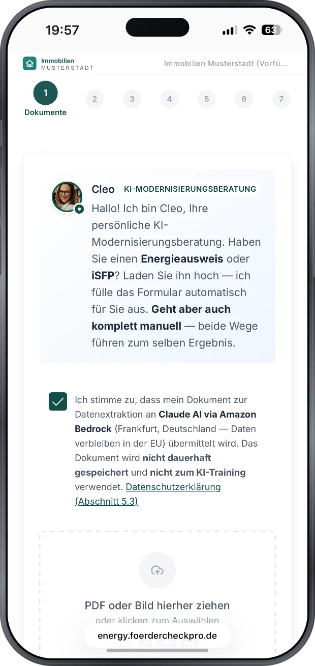 Unterlagen-Akte fuer den Energieberater mit dem Stand null von sieben belegten Positionen: Grundrisse, Wohnflaechenberechnung, Baubeschreibung, Nachweise bisheriger Modernisierungen, Energieausweis