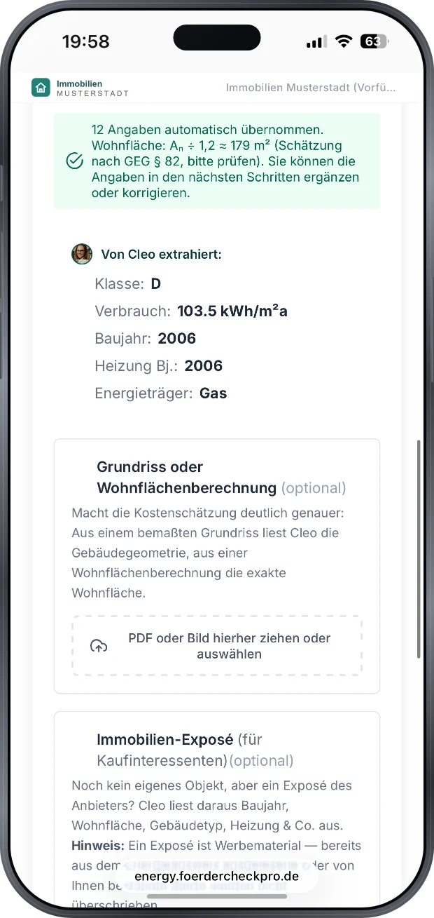 Auslesung eines hochgeladenen Energieausweises: Klasse D, Verbrauch 113,72 kWh je Quadratmeter und Jahr, Baujahr 1980, Heizung von 2005, Erdgas