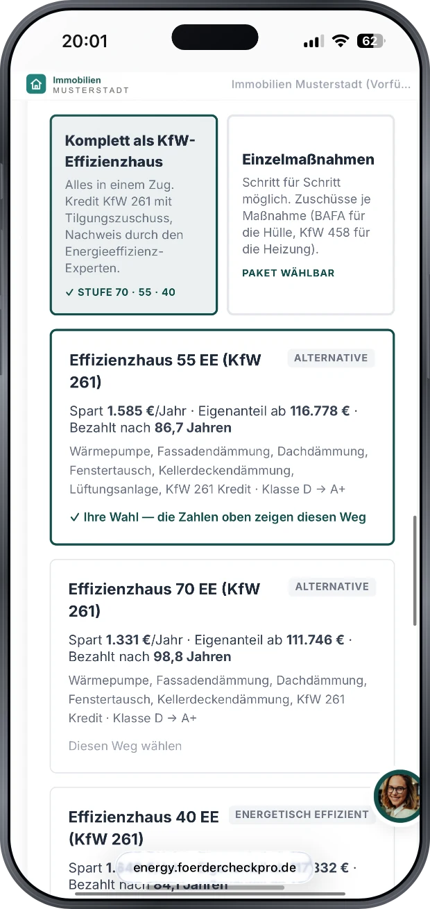 Sanierungswege im Vergleich: Komplett als KfW-Effizienzhaus mit Stufe 70, 55 oder 40, Einzelmassnahmen, eigenes Paket, darunter die Cleo-Empfehlung Gebaeudehuelle leicht mit 1.901 Euro Ersparnis im Jahr und Eigenanteil ab 20.023 Euro