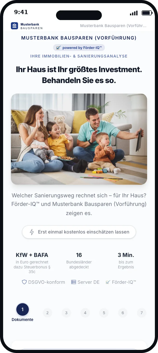 Sanierungscheck im Auftritt einer Baufinanzierung, Leitfarbe Marineblau