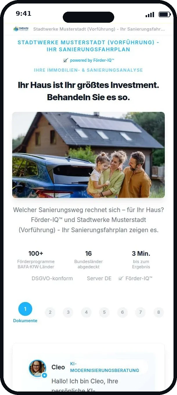 Sanierungscheck im Auftritt eines Energieversorgers, Leitfarbe Grün