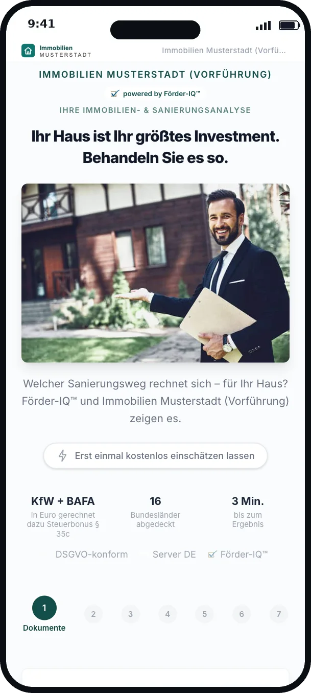 Sanierungscheck im Auftritt eines Immobilienmaklers, Leitfarbe Petrol