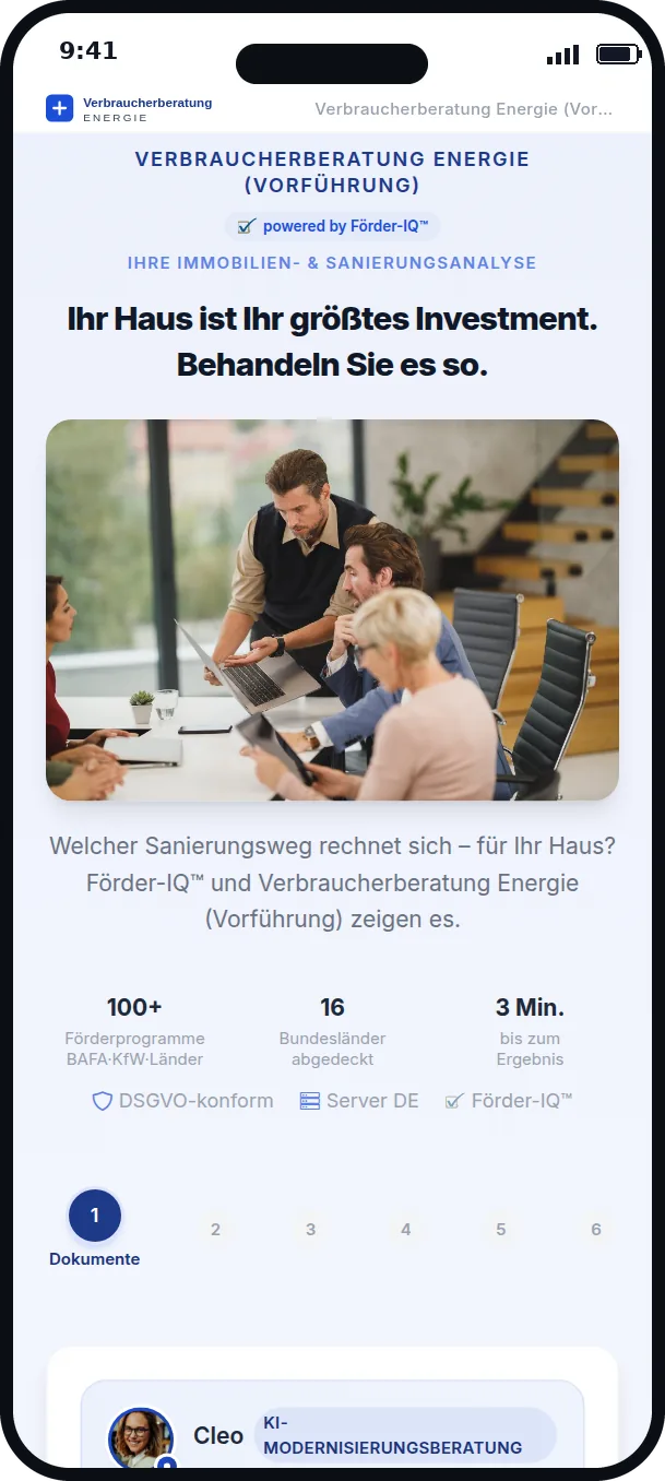 Sanierungscheck im Auftritt einer Verbraucherberatung im Neutral-Modus, Leitfarbe Blau