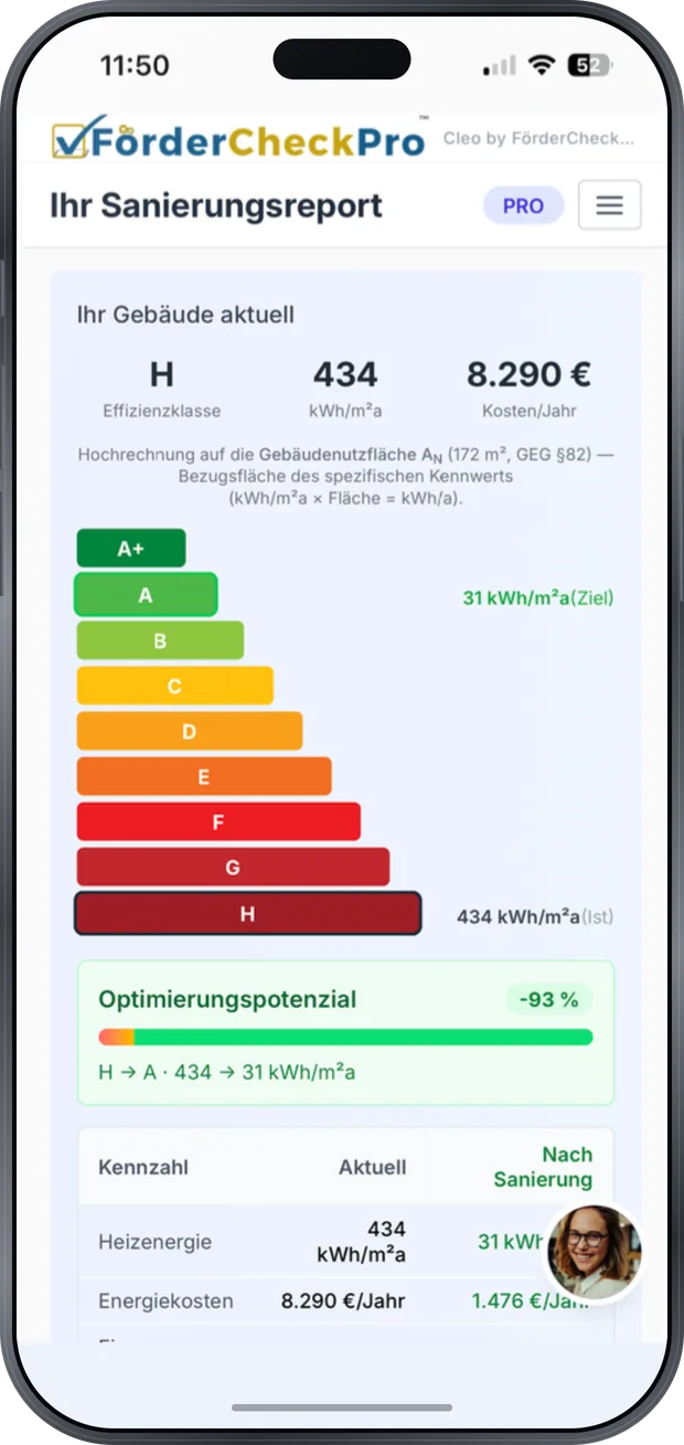 Cleo auf dem iPhone: Energieskala des Sanierungsreports — Ist-Klasse H mit 434 kWh/m²a, Zielwert 31 kWh/m²a und 8.290 Euro Energiekosten im Jahr