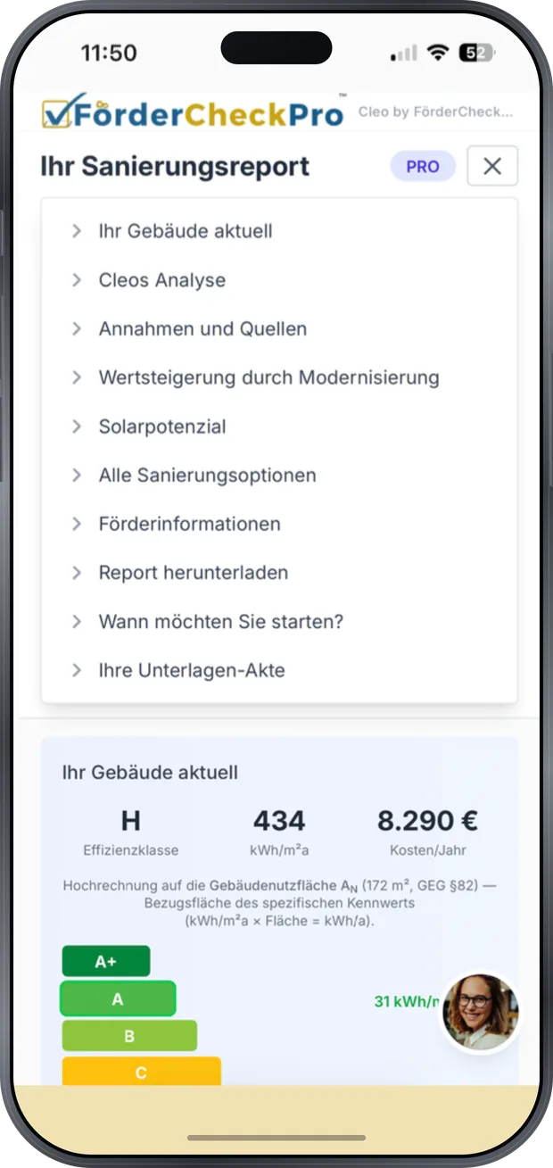 Cleos Bericht auf dem iPhone mit aufklappbaren Abschnitten: alle Sanierungsoptionen, Förderinformationen, Annahmen und Quellen