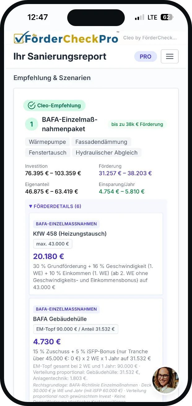 Cleos Empfehlung auf dem iPhone: BAFA-Einzelmaßnahmenpaket mit 76.395 bis 103.359 Euro Investition, 31.257 bis 38.203 Euro Förderung, 46.875 bis 63.419 Euro Eigenanteil und 4.754 bis 5.810 Euro Einsparung im Jahr