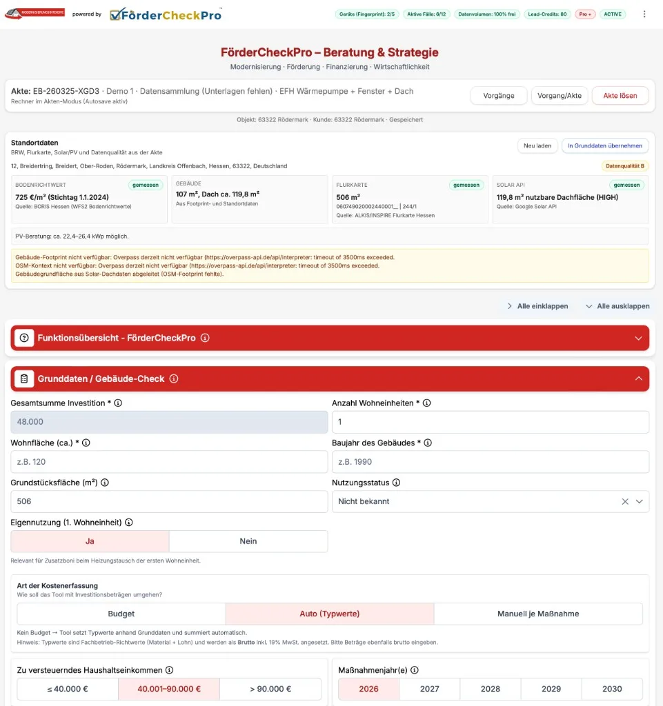FörderCheckPro Gebäude-Check: Grunddaten-Eingabe mit Standortdaten aus Bodenrichtwert, Flurkarte und Solar-API