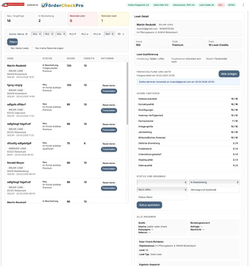 FörderCheckPro Lead-Portal: Posteingang mit qualifizierten Anfragen, Lead-Score und Freischaltung