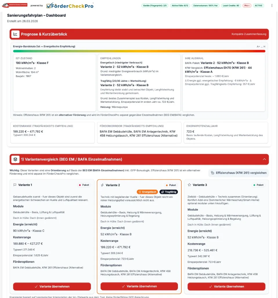 FörderCheckPro Variantenvergleich: drei Sanierungsvarianten mit Kostenrange, Einsparpotenzial und Förderoptionen (BAFA EM, KfW 458, KfW 261)