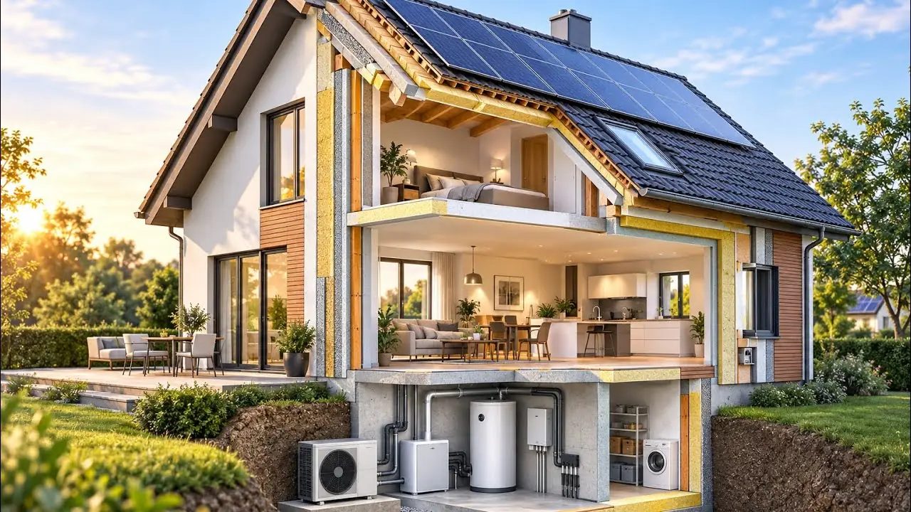 Schnittbild eines Einfamilienhauses mit Photovoltaik, Wärmepumpe und gedämmter Hülle — Vorschaubild des Erklärfilms